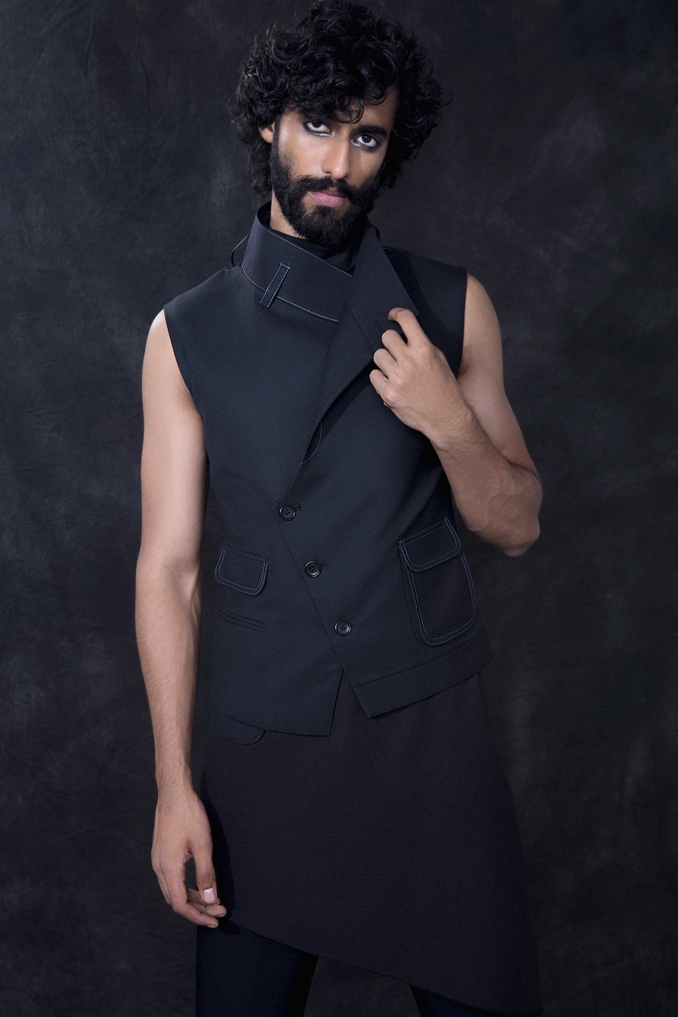 BLACK COLLARED VEST - Arjuun Kilachand