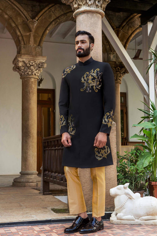 BLACK HAND EMBROIDERED SHERWANI - Arjuun Kilachand