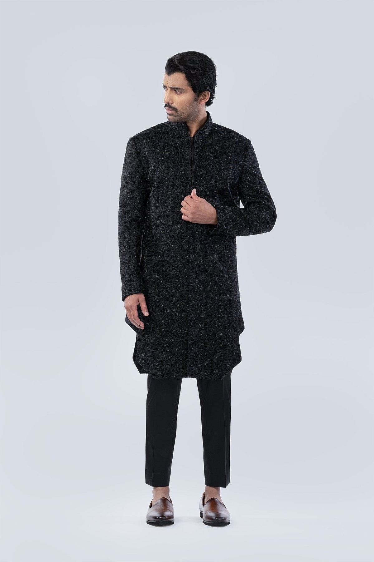 BLACK HAND EMBROIDERED SHERWANI - Arjuun Kilachand