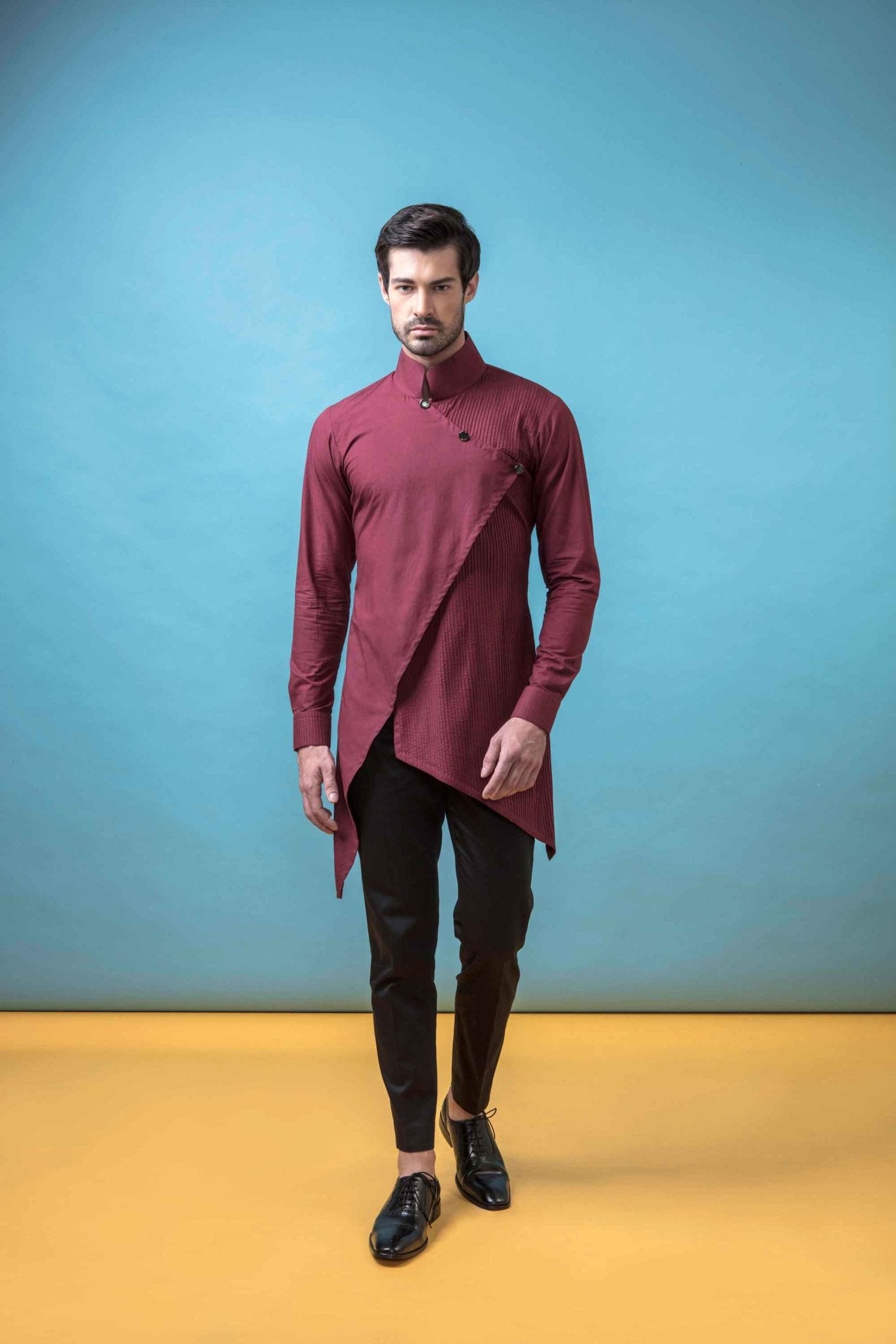 BURGUNDY ANGRAKHA SHORT KURTA - Arjuun Kilachand