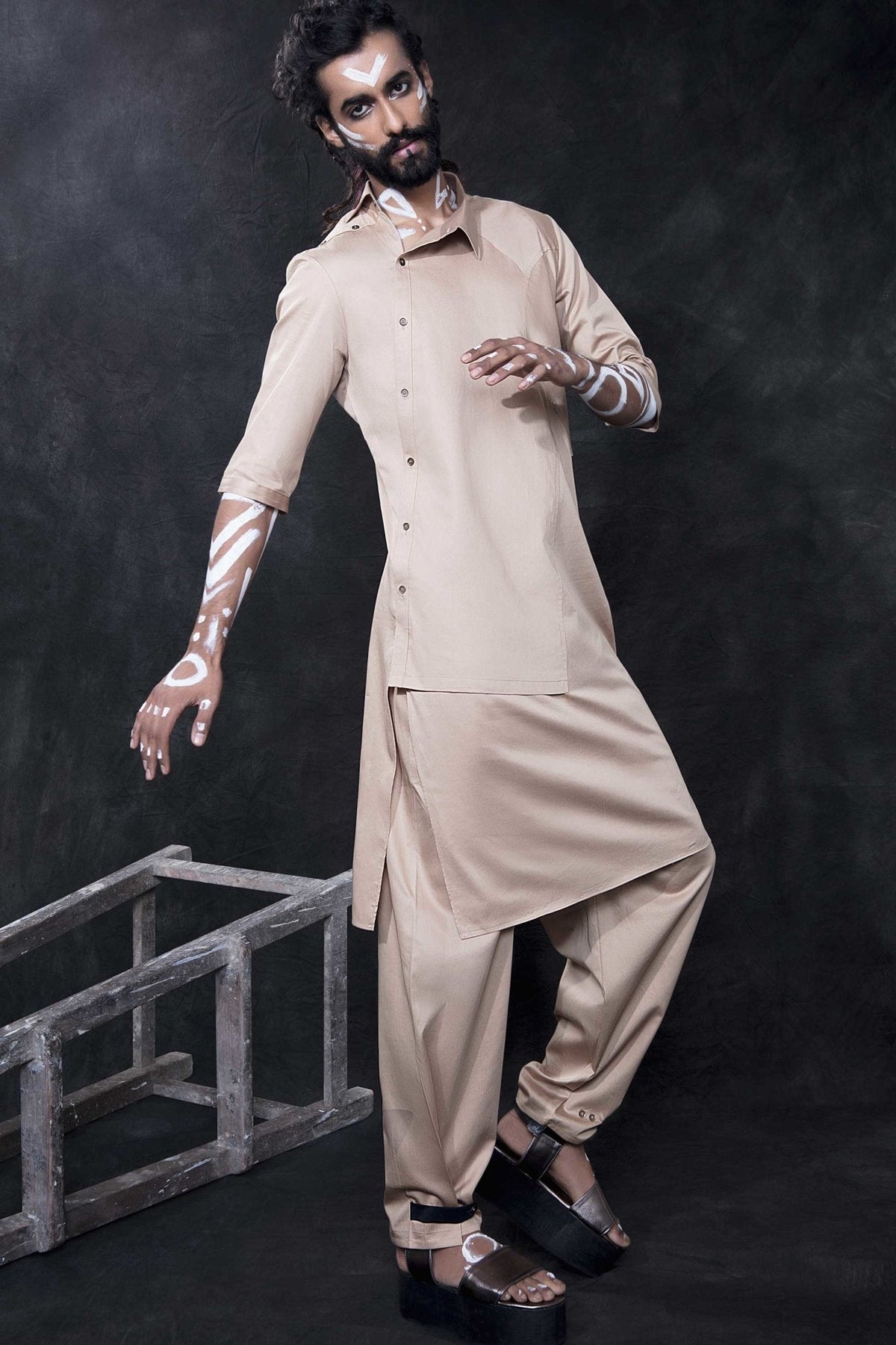 CHAMPAGNE ASYMMETRICAL KURTA - Arjuun Kilachand