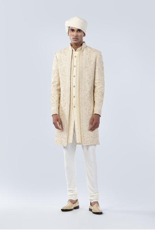 CHAMPAGNE HAND EMBROIDERED OPEN SHERWANI - Arjuun Kilachand