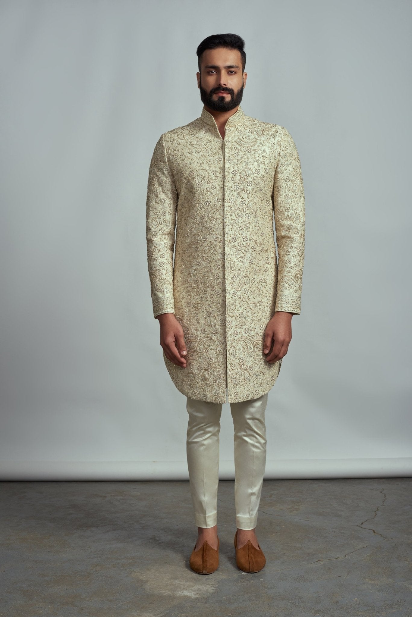 CHAMPAGNE HAND EMBROIDERED SHERWANI - Arjuun Kilachand