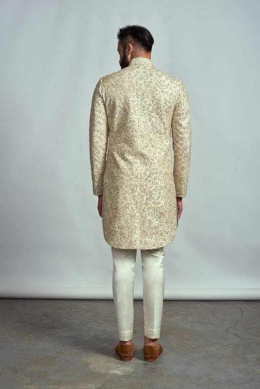 CHAMPAGNE HAND EMBROIDERED SHERWANI - Arjuun Kilachand