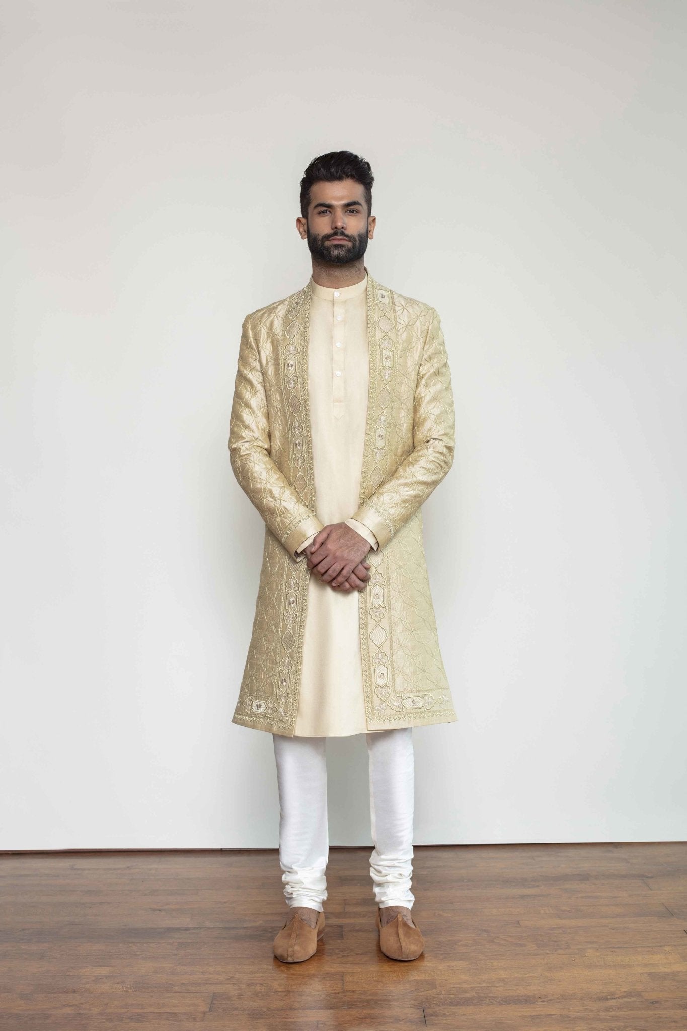 CHAMPAGNE OPEN SHERWANI WITH ZARI WORK - Arjuun Kilachand