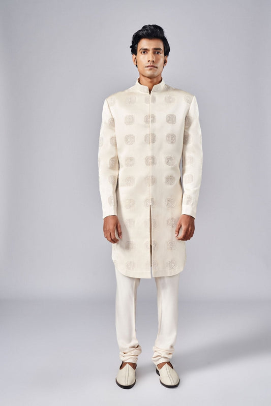 CHAMPAGNE PLACEMENT HAND EMBROIDERED SHERWANI SET - Arjuun Kilachand