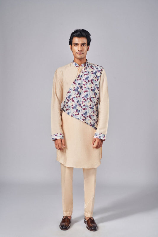 CHAMPAGNE PRINTED OVERLAP KURTA - Arjuun Kilachand