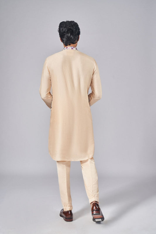 CHAMPAGNE PRINTED OVERLAP KURTA - Arjuun Kilachand