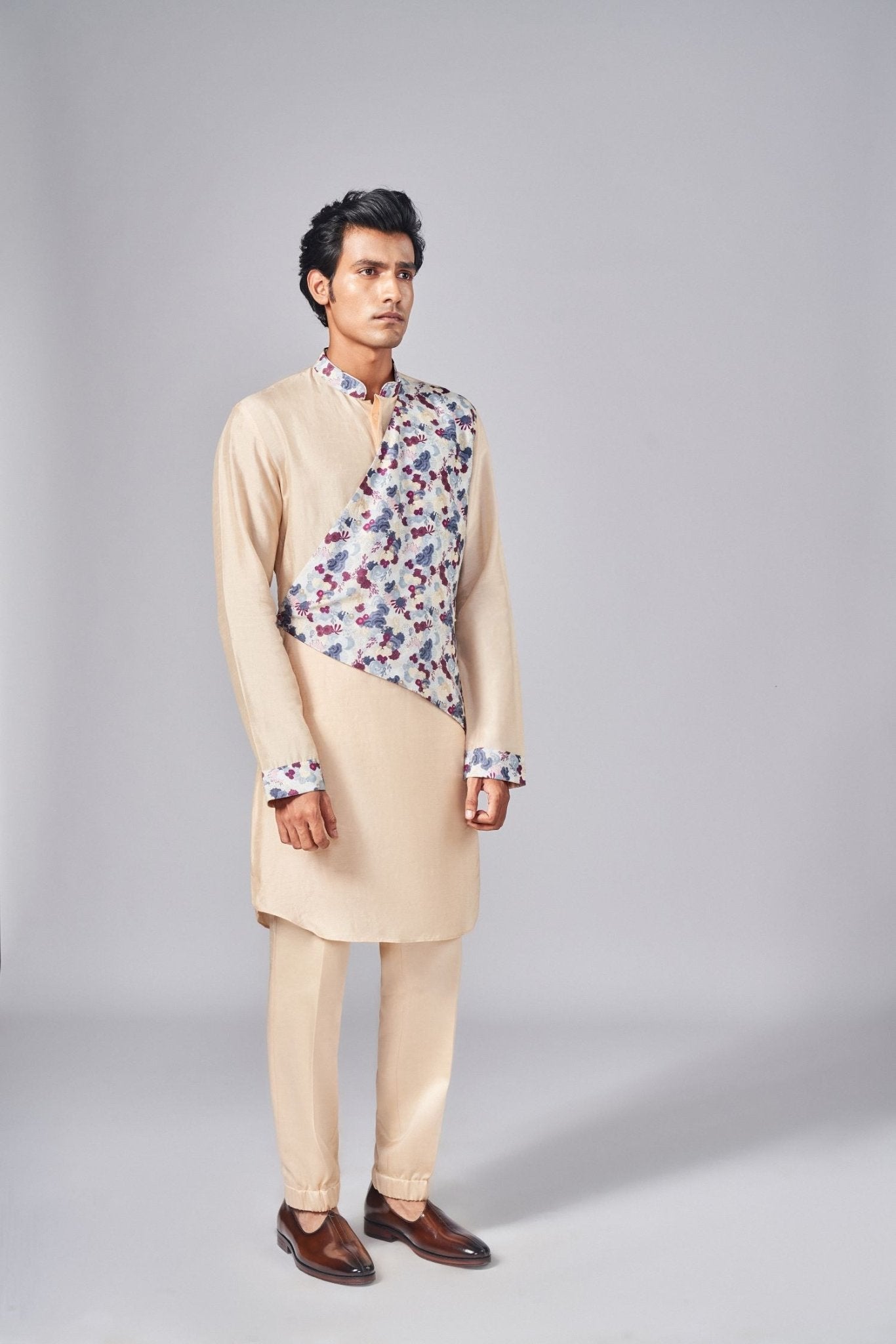 CHAMPAGNE PRINTED OVERLAP KURTA - Arjuun Kilachand