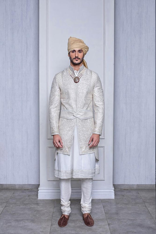 CHAMPAGNE RAW SILK A-LINE SHERWANI - Arjuun Kilachand