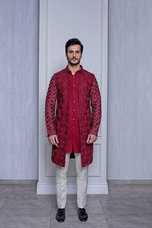 CHERRY DECONSTRUCTED LONG BUNDI SET - Arjuun Kilachand