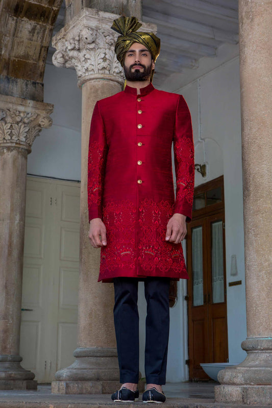 CHERRY HAND EMBROIDERED SHERWANI - Arjuun Kilachand