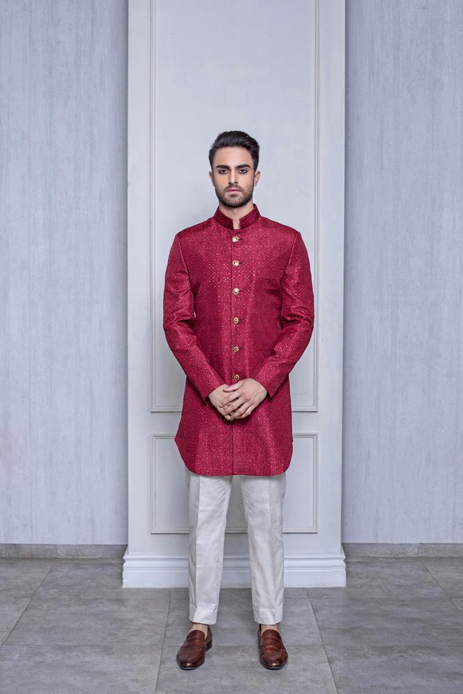 CHERRY SILK SHERWANI - Arjuun Kilachand