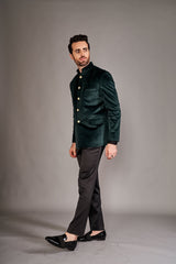 FOREST GREEN VELVET BANDGALA JACKET - Arjuun Kilachand