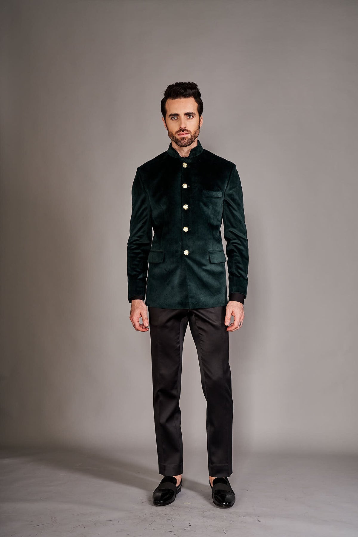 FOREST GREEN VELVET BANDGALA JACKET - Arjuun Kilachand