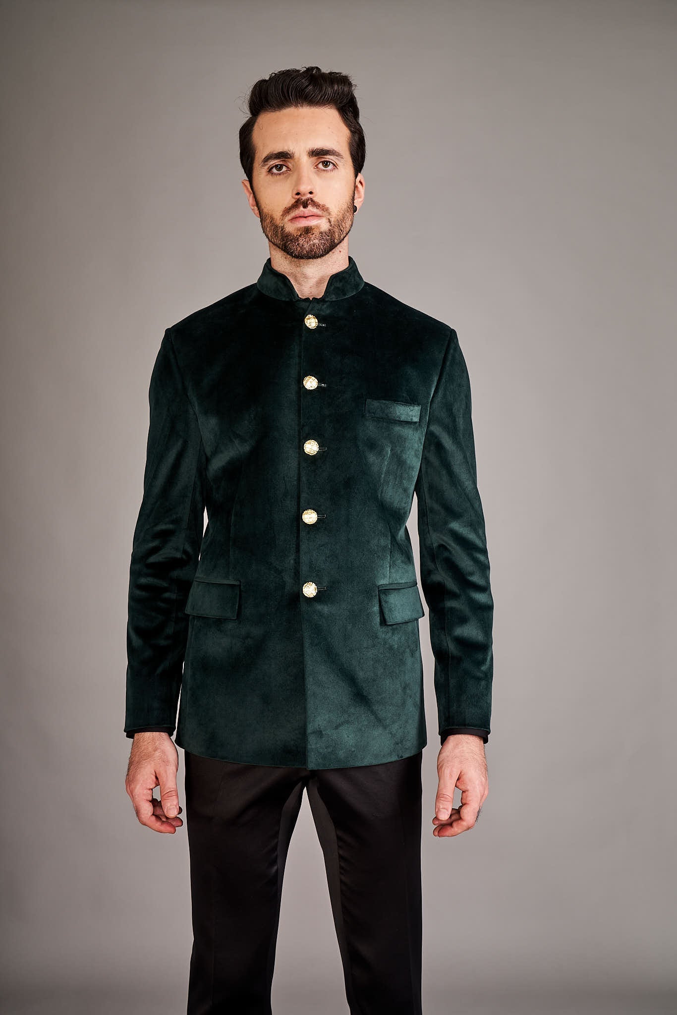 FOREST GREEN VELVET BANDGALA JACKET - Arjuun Kilachand