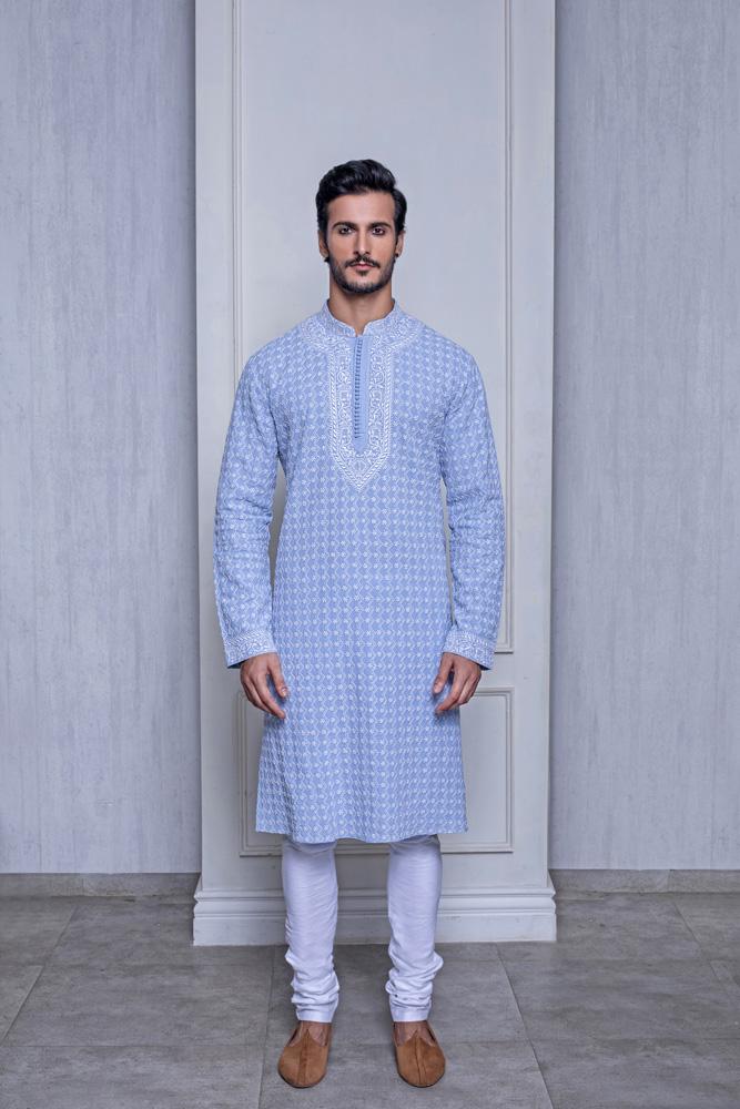 FROZEN BLUE CHICKANKARI KURTA - Arjuun Kilachand