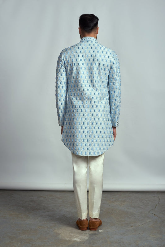 FROZEN BLUE HONEYCOMB SHERWANI - Arjuun Kilachand