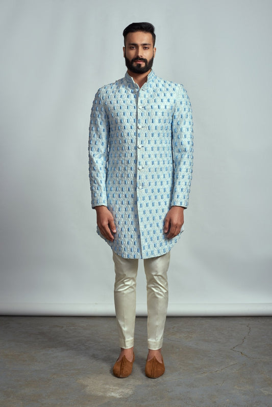 FROZEN BLUE HONEYCOMB SHERWANI - Arjuun Kilachand