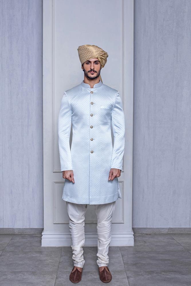 FROZEN BLUE QUILTED SHERWANI - Arjuun Kilachand