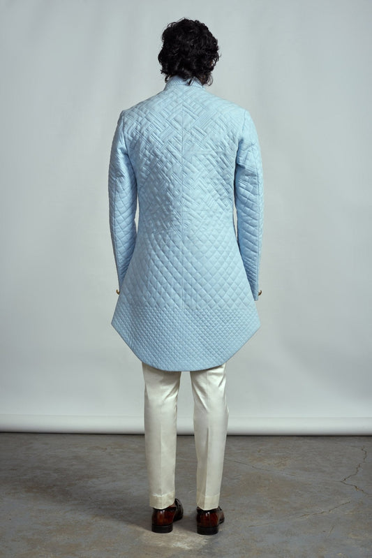 FROZEN BLUE QUILTED SHERWANI - Arjuun Kilachand