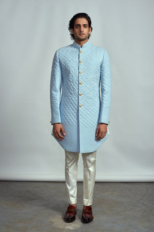 FROZEN BLUE QUILTED SHERWANI - Arjuun Kilachand