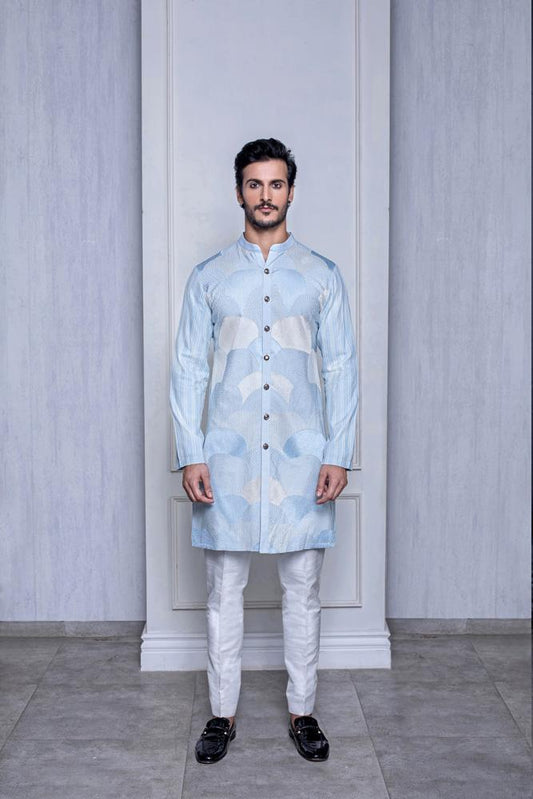 FROZEN BLUE TUSSAR SILK KURTA - Arjuun Kilachand