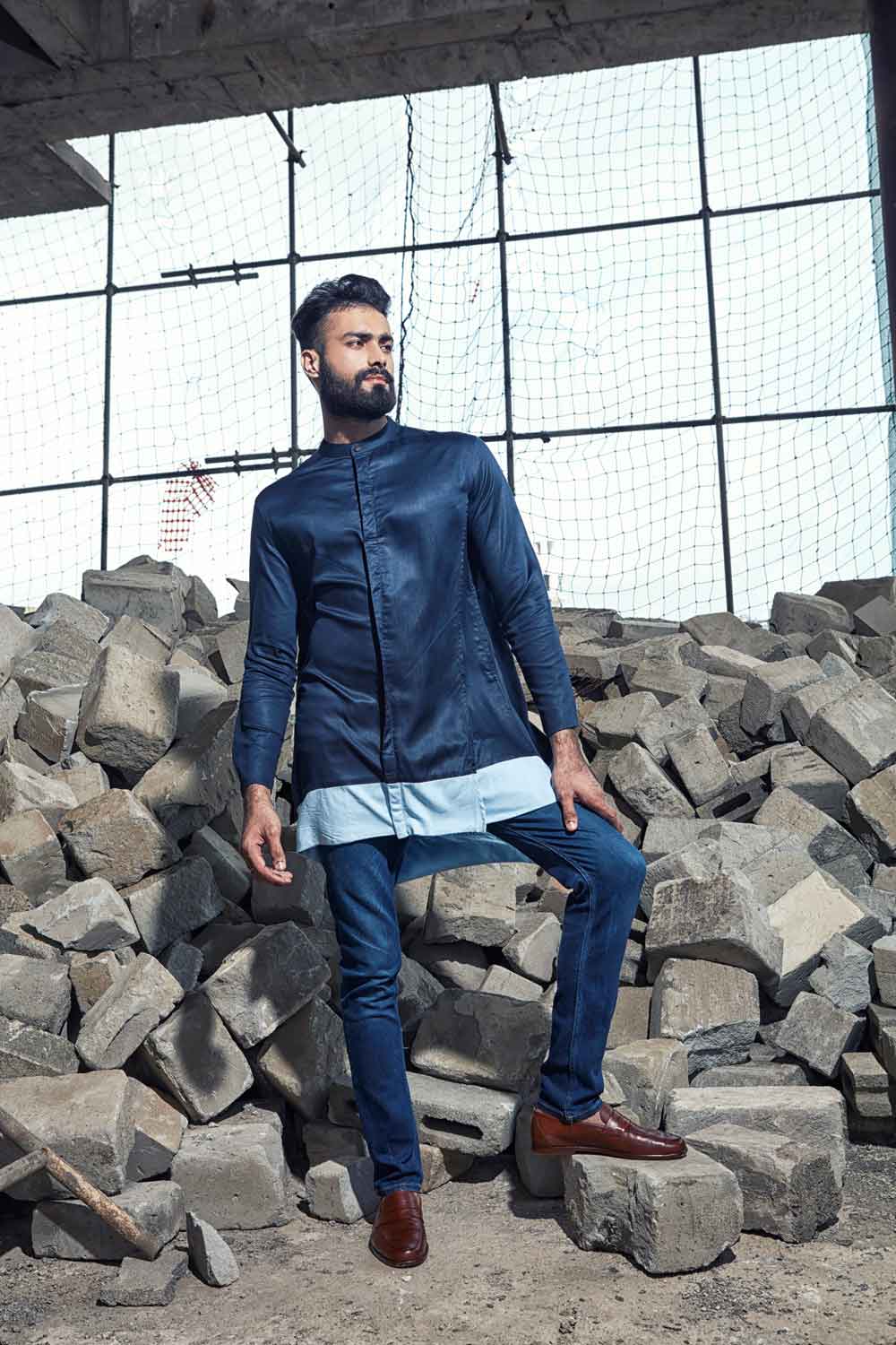 INDIGO ASYMMETRICAL KURTA - Arjuun Kilachand