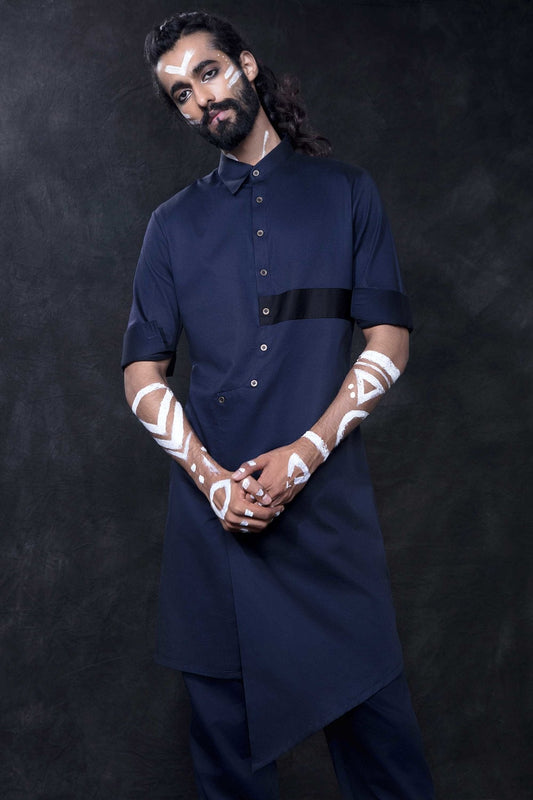 INDIGO BLUE ASYMMETRICAL KURTA - Arjuun Kilachand