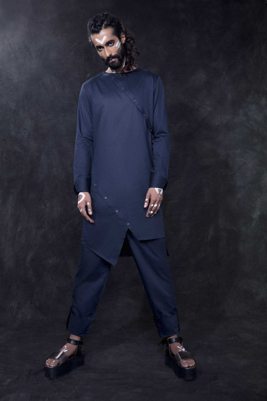 INDIGO BLUE SLASH PLACKET KURTA - Arjuun Kilachand