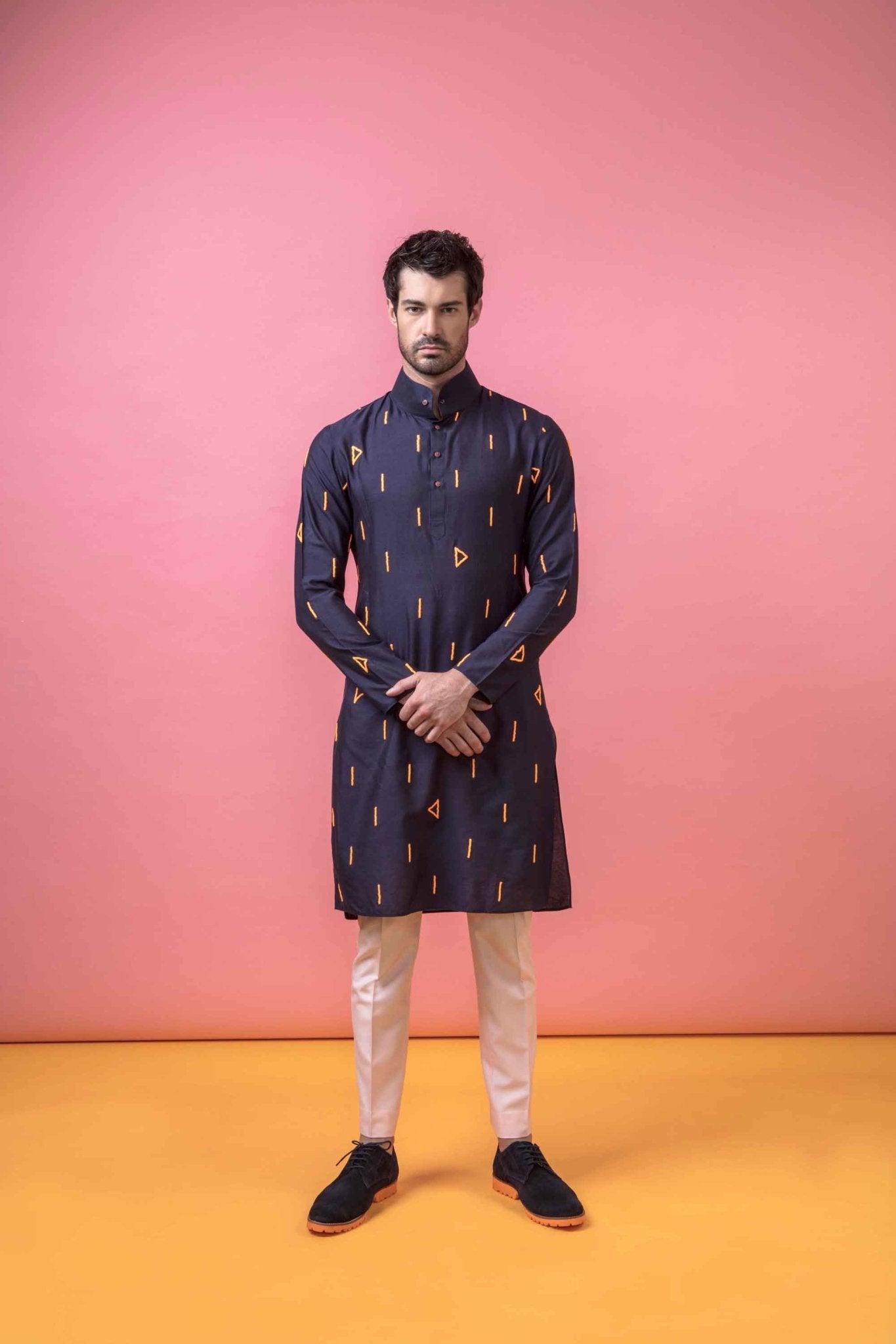 INDIGO HAND EMBROIDERED HIGH NECK KURTA - Arjuun Kilachand