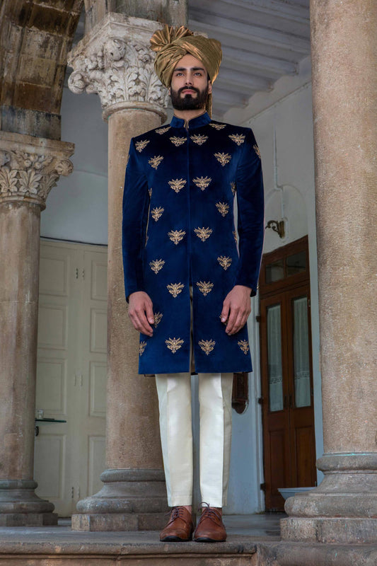 INDIGO HAND EMBROIDERED MOTIF SHERWANI - Arjuun Kilachand