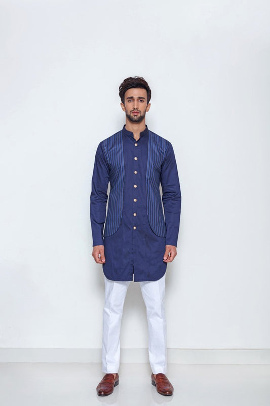 INDIGO STRIPED LAYERED KURTA - Arjuun Kilachand