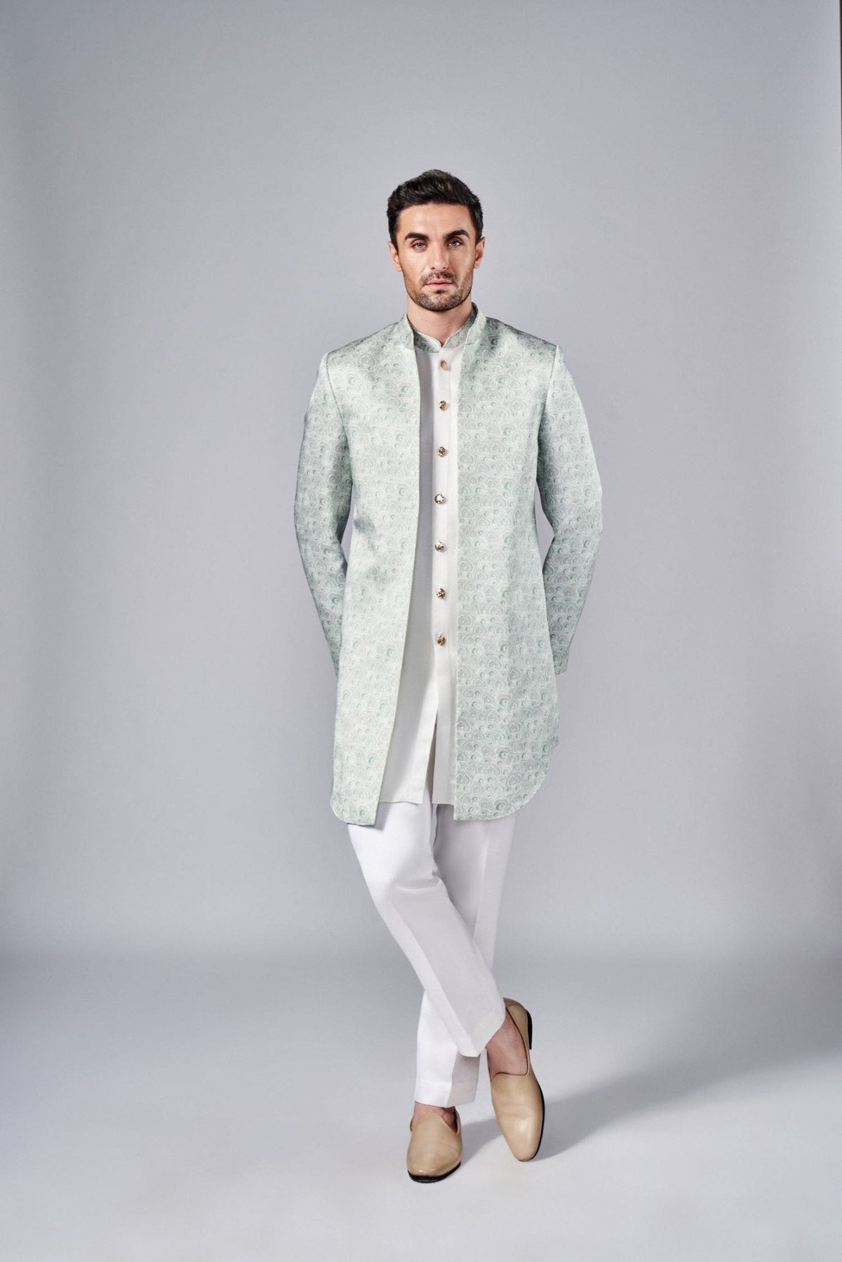 IVORY ALL OVER PRINTED FUSION JACKET SET - Arjuun Kilachand