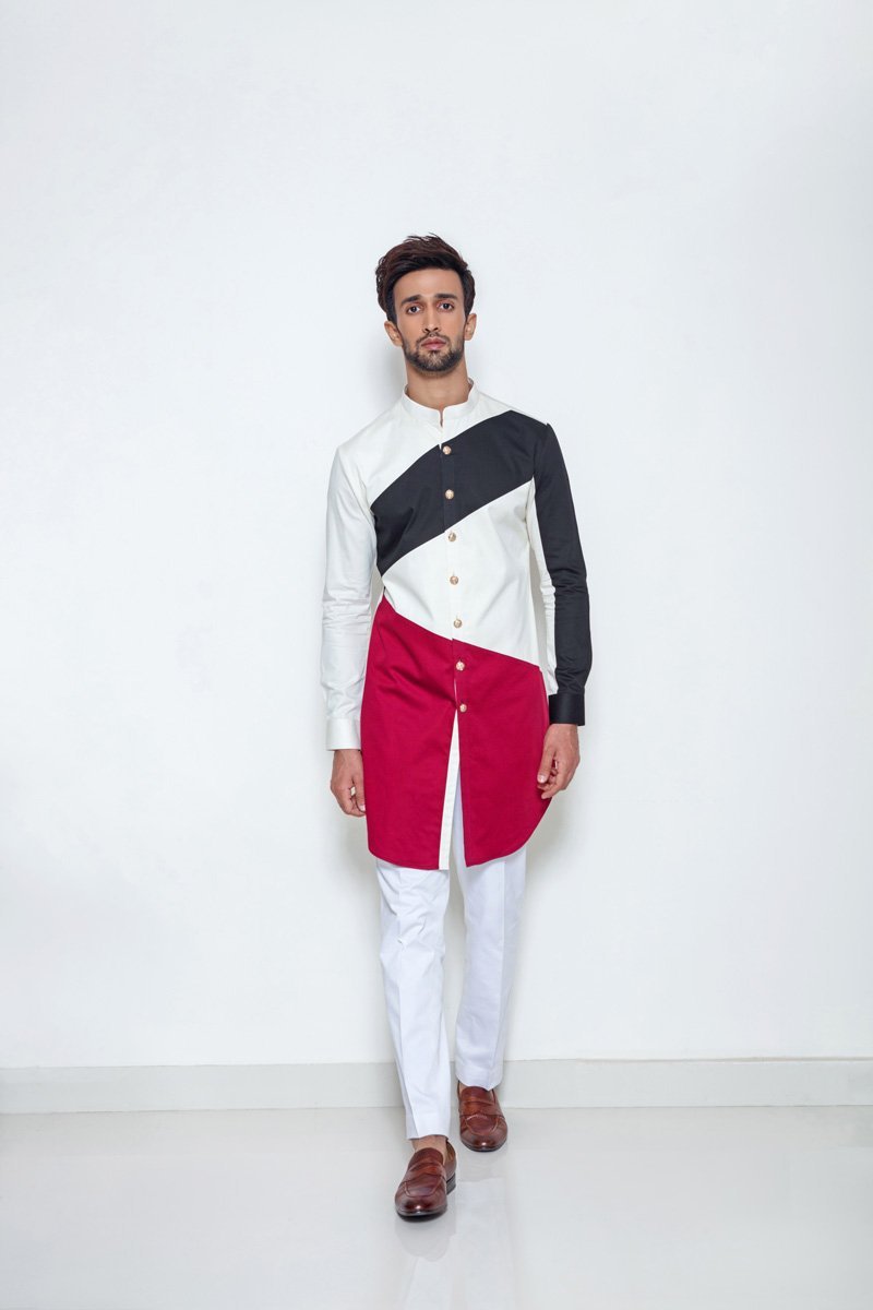 IVORY COLOUR BLOCKING KURTA - Arjuun Kilachand