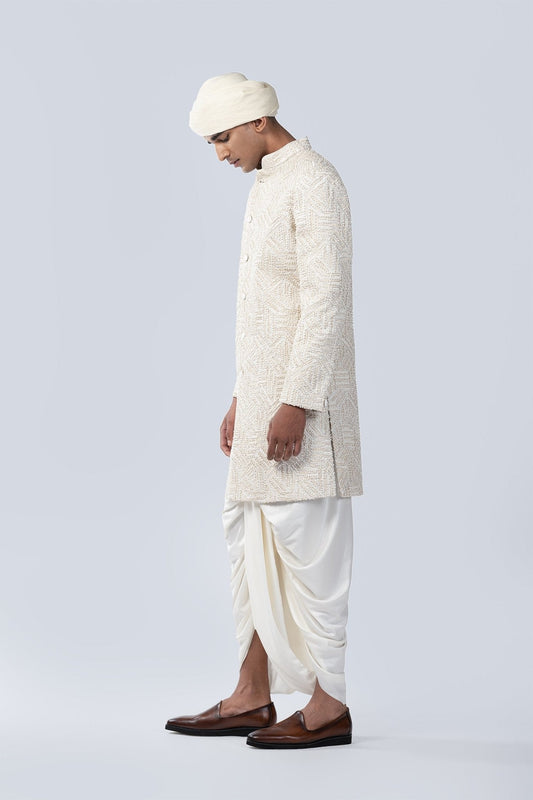 IVORY GEOMETRIC BRICK EMBROIDERED SHERWANI - Arjuun Kilachand