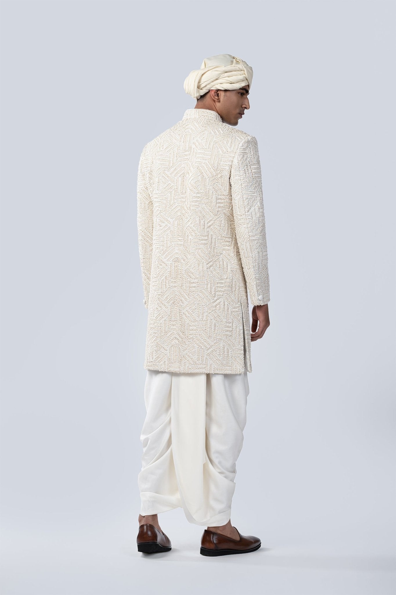 IVORY GEOMETRIC BRICK EMBROIDERED SHERWANI - Arjuun Kilachand