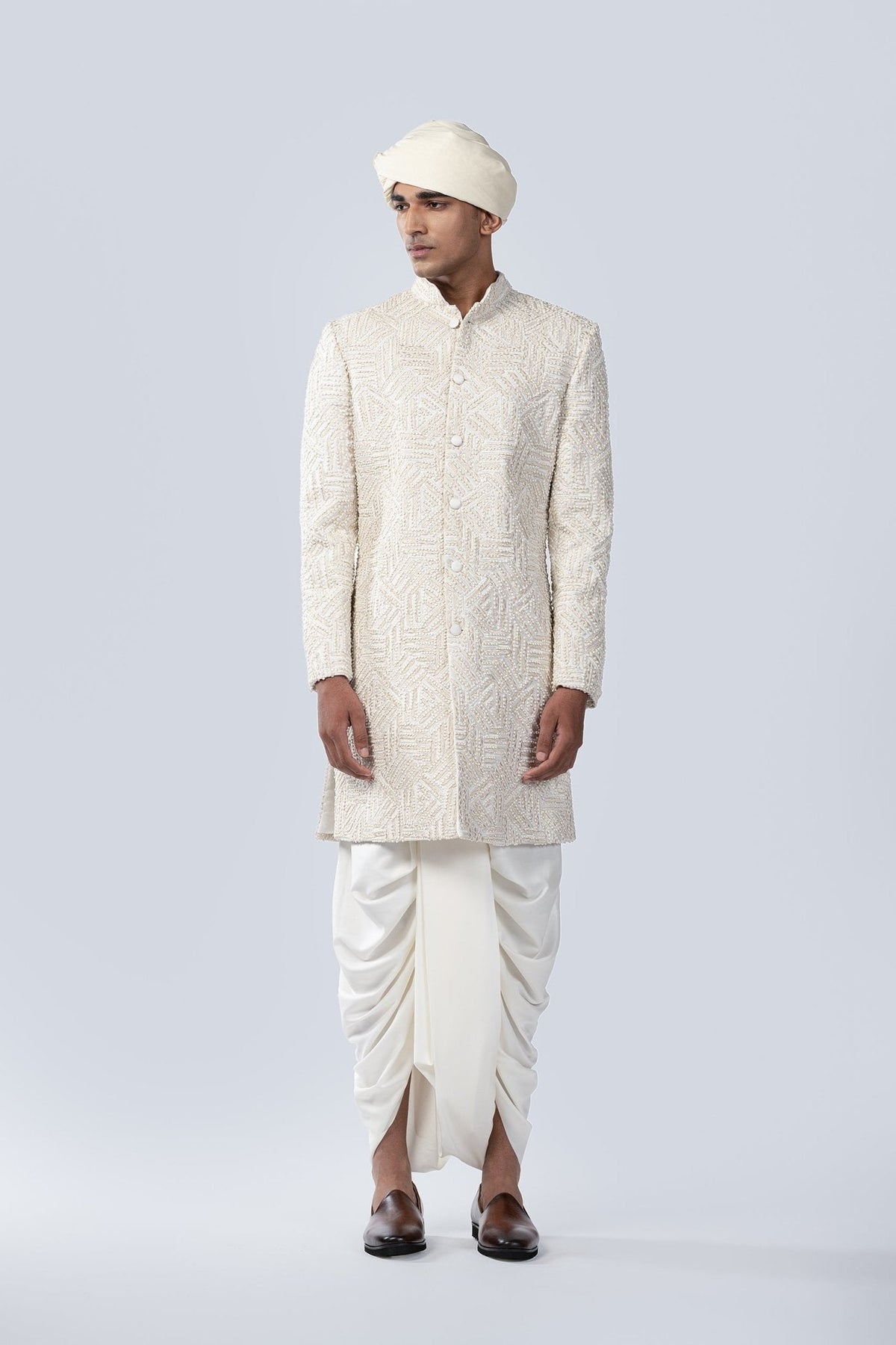 IVORY GEOMETRIC BRICK EMBROIDERED SHERWANI - Arjuun Kilachand