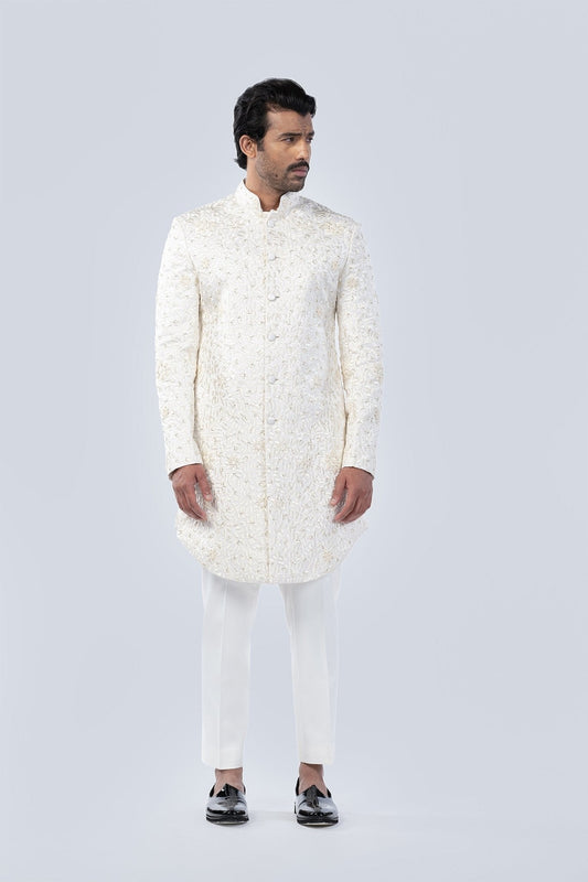 IVORY GEOMETRIC EMBOIDERED SHERWANI - Arjuun Kilachand