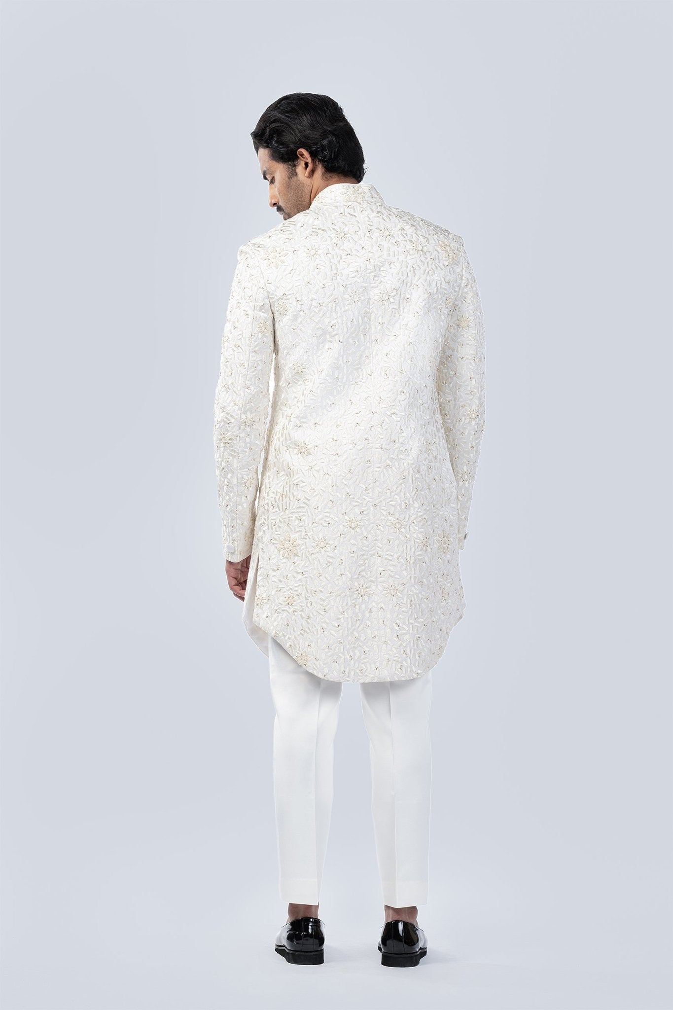 IVORY GEOMETRIC EMBOIDERED SHERWANI - Arjuun Kilachand