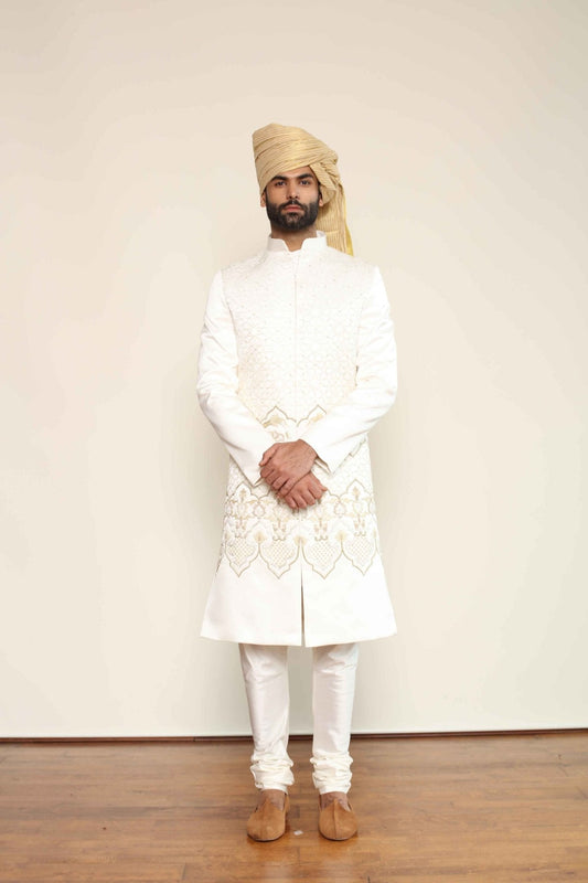 IVORY GEOMETRIC THREAD WORK SHERWANI - Arjuun Kilachand