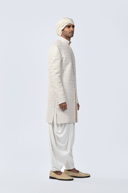 IVORY HAND EMBROIDERED SHERWANI - Arjuun Kilachand