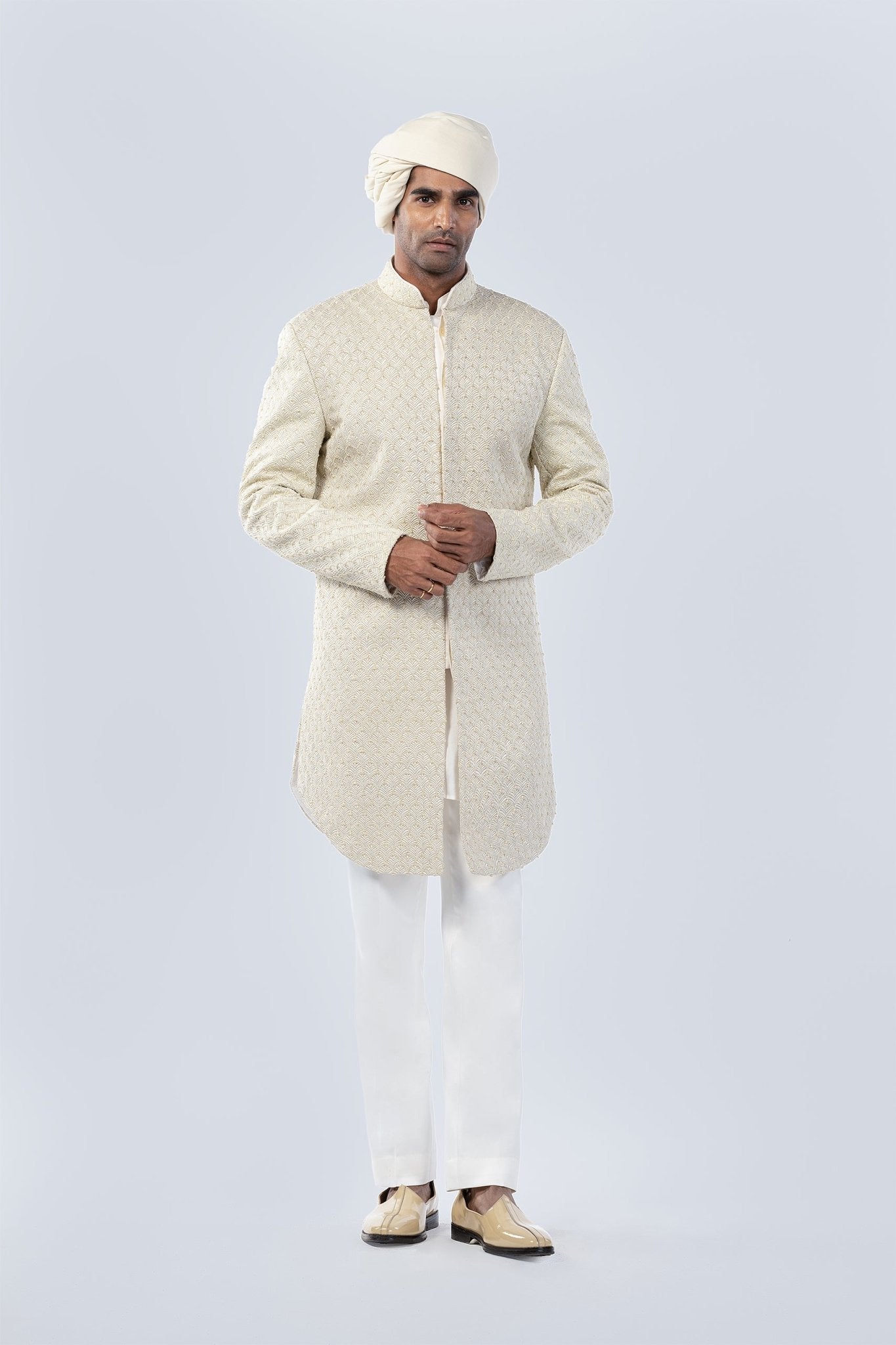 IVORY HAND EMBROIDERED SHERWANI - Arjuun Kilachand