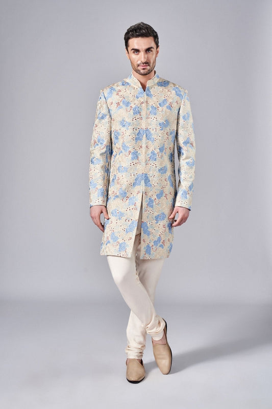 IVORY HAND EMBROIDERED SHERWANI SET - Arjuun Kilachand