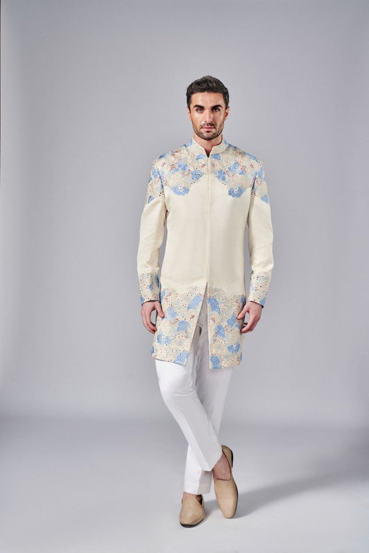 IVORY HAND EMBROIDERED SHERWANI SET - Arjuun Kilachand