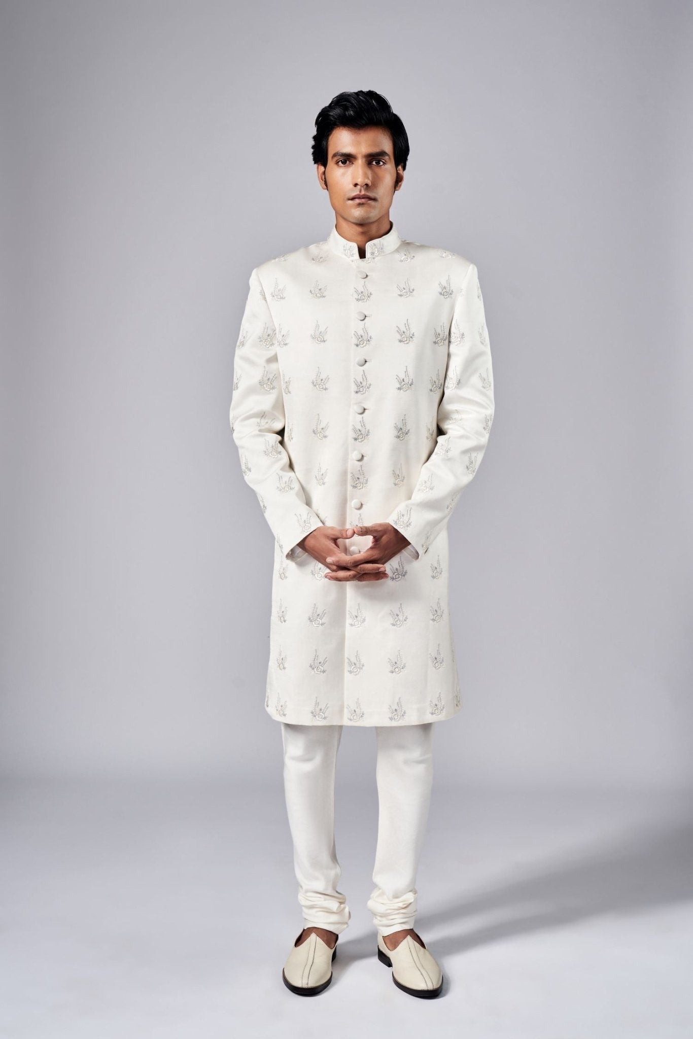 IVORY MOTIF EMBROIDERED SHERWANI SET - Arjuun Kilachand