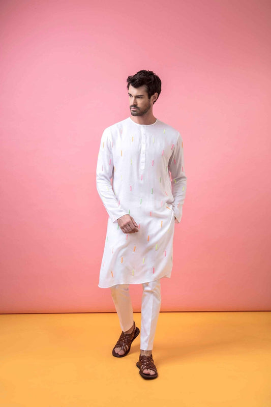 IVORY NEON HAND EMBROIDERED KURTA - Arjuun Kilachand