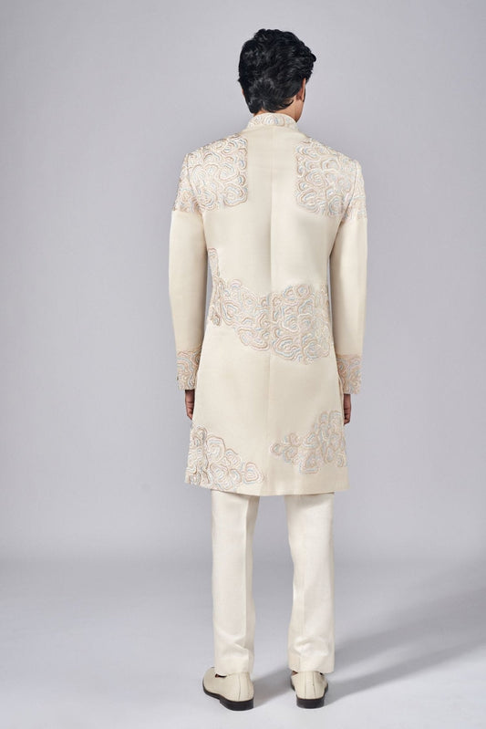 IVORY PLACEMENT HAND EMBROIDERED SHERWANI SET - Arjuun Kilachand