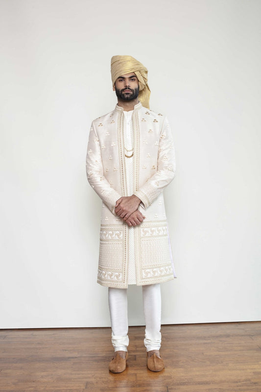 IVORY TRIKONA KNOTTED OPEN SHERWANI - Arjuun Kilachand