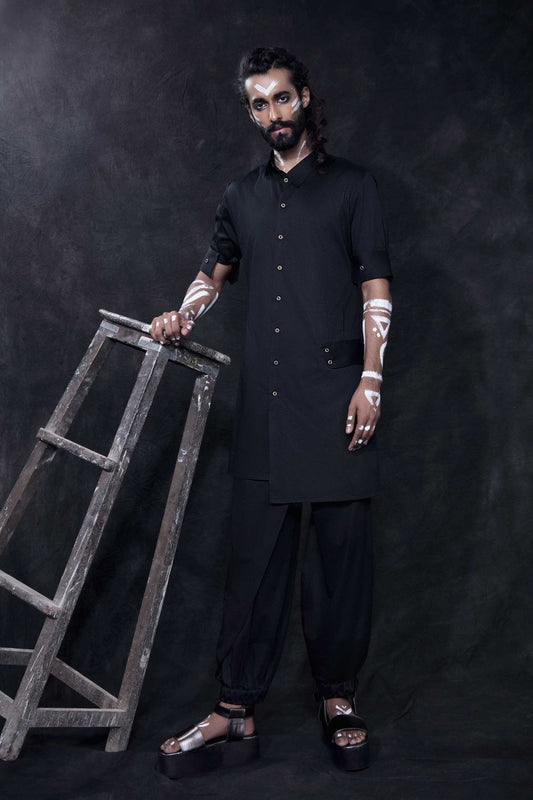 JET BLACK LAPEL KURTA - Arjuun Kilachand